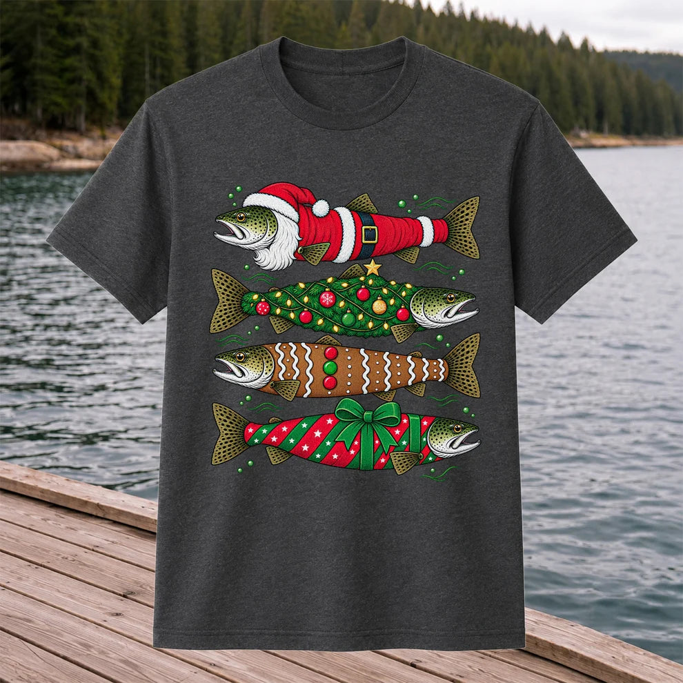 Christmas Trout Santa Tree and Gift Wrap Fishing T-Shirt