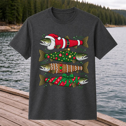 Christmas Trout Santa Tree and Gift Wrap Fishing T-Shirt