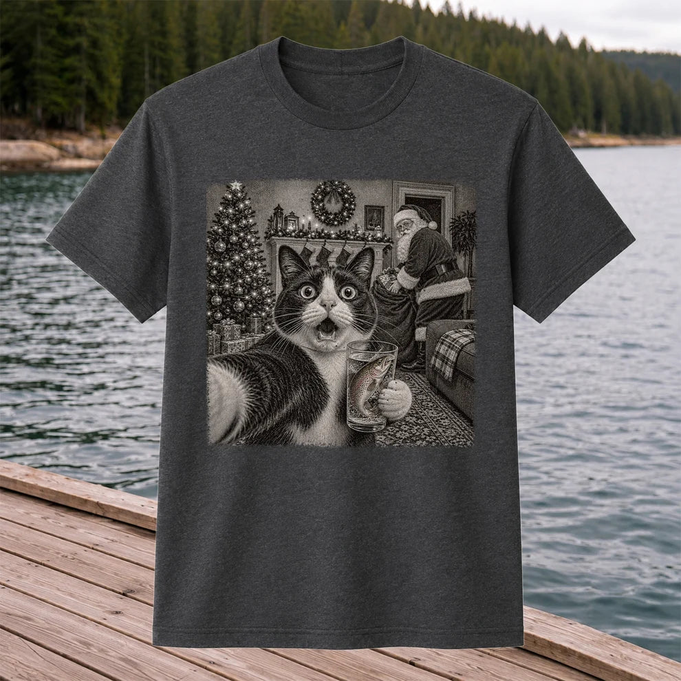 Christmas Cat Holding a Fish Mug Holiday Graphic T-Shirt