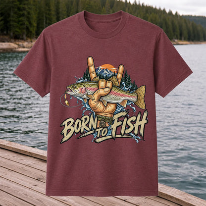 Born to Fish Rainbow Trout Rock Hand Sign Fishing T-Shirt