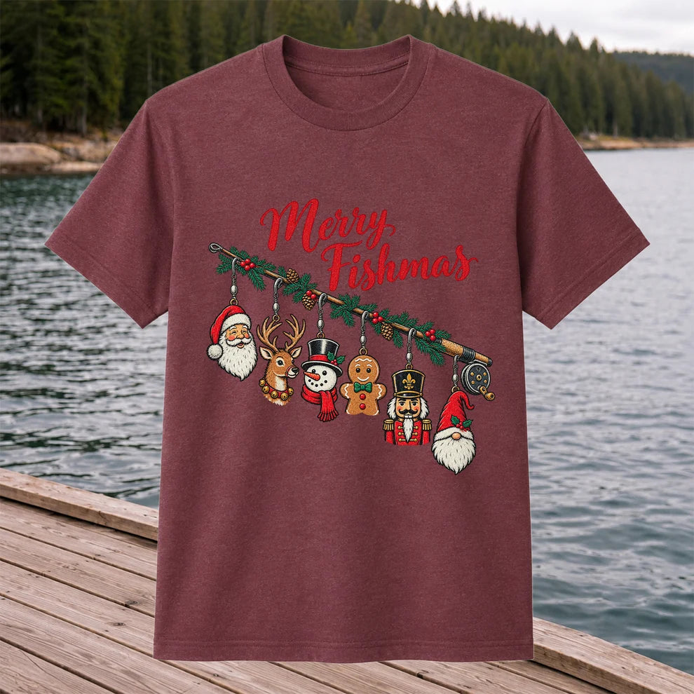 Christmas Fishing Rod Ornaments Holiday Graphic T-Shirt