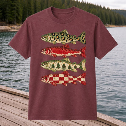 Four Seasonal Trout Patterns Christmas Fishing Graphic T-Shirt