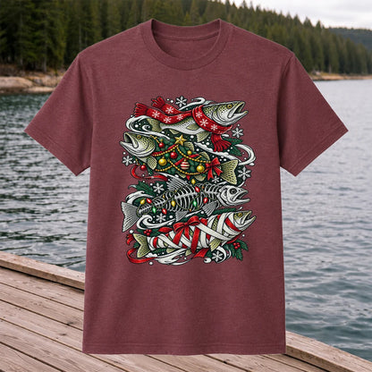 Christmas Trout and Fish Skeleton Holiday Fishing T-Shirt
