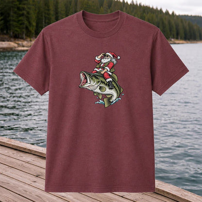 Santa Riding Largemouth Bass Christmas Fishing Graphic T-Shirt