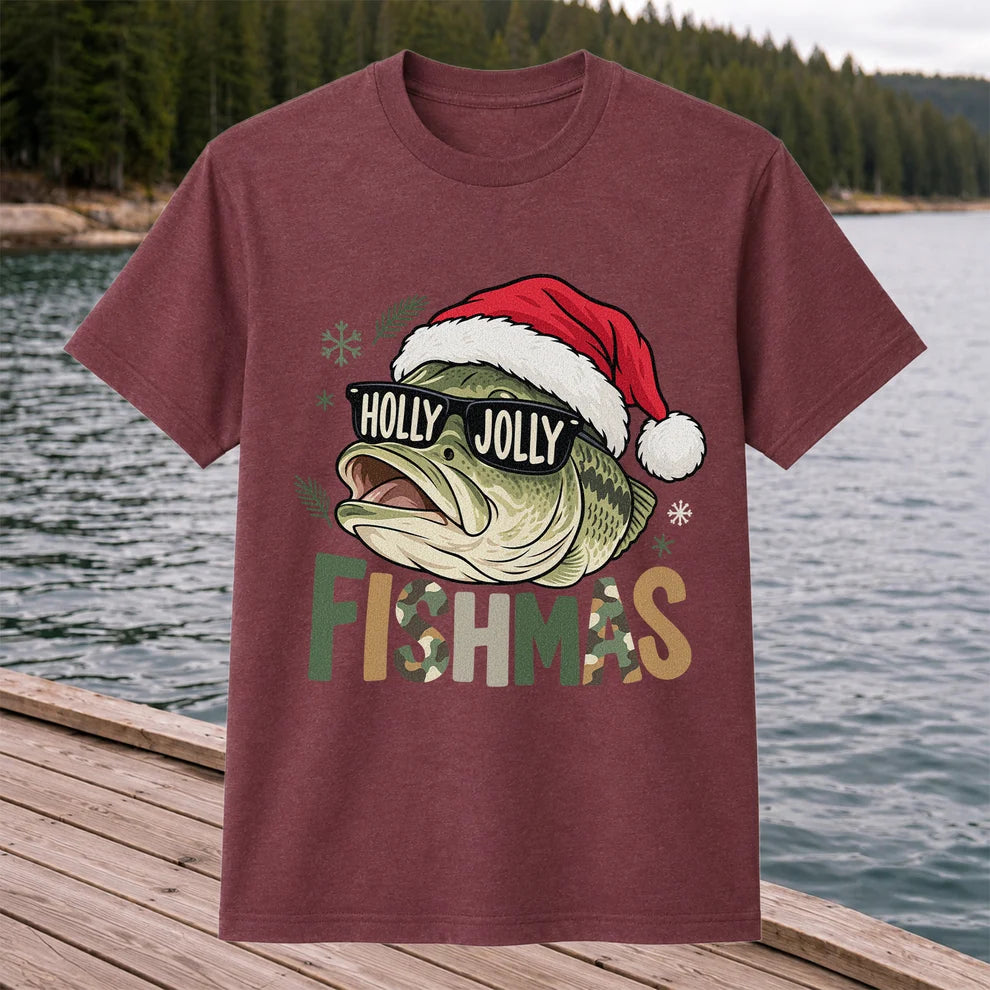 Bass Wearing Santa Hat and Holiday Glasses Fishing Graphic T-Shirt