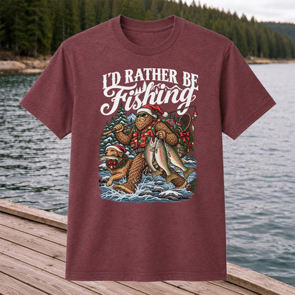 I'd Rather Be Fishing Bigfoot and Dog Christmas Fishing T-Shirt