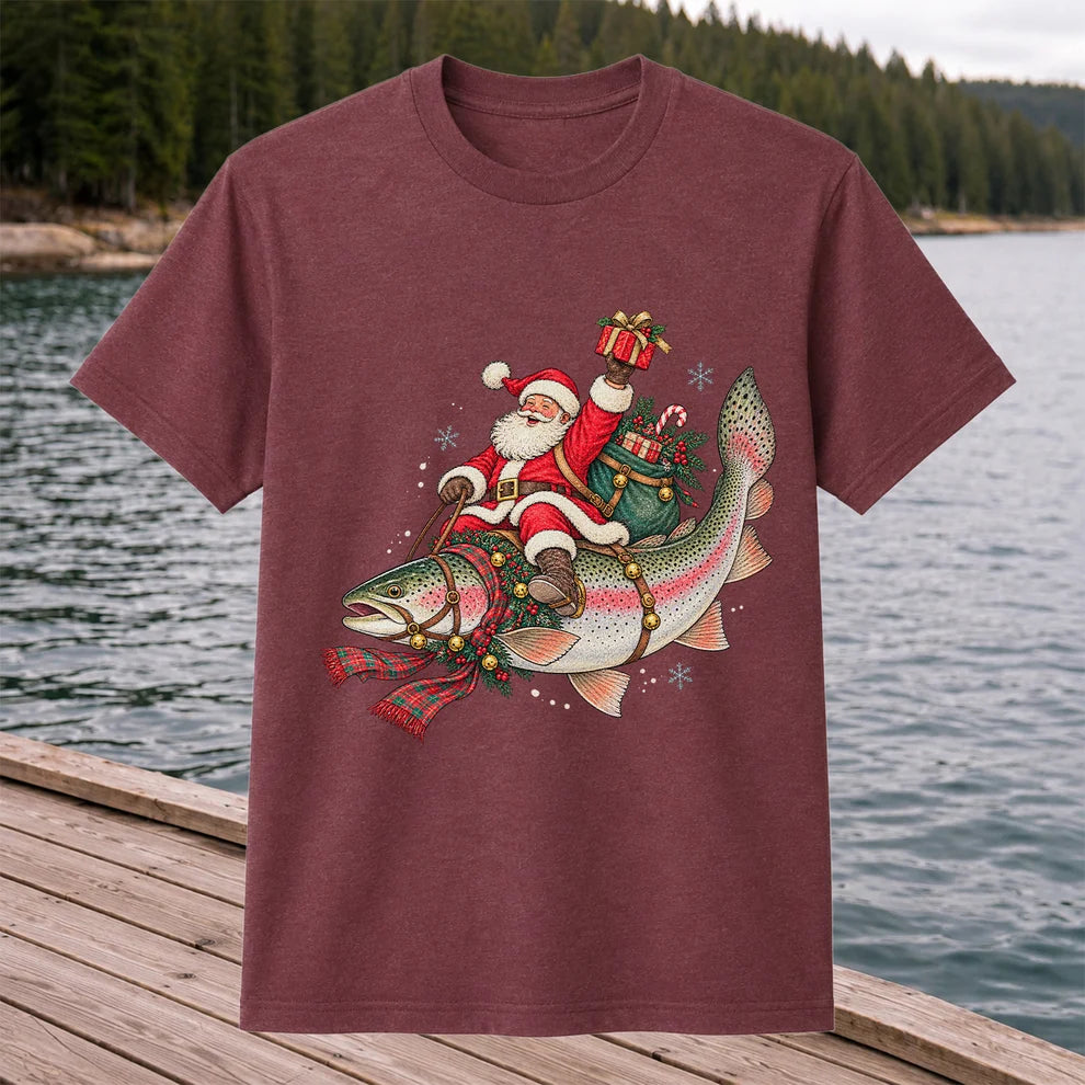 Santa Riding a Festive Rainbow Trout Christmas Fishing Graphic T-Shirt