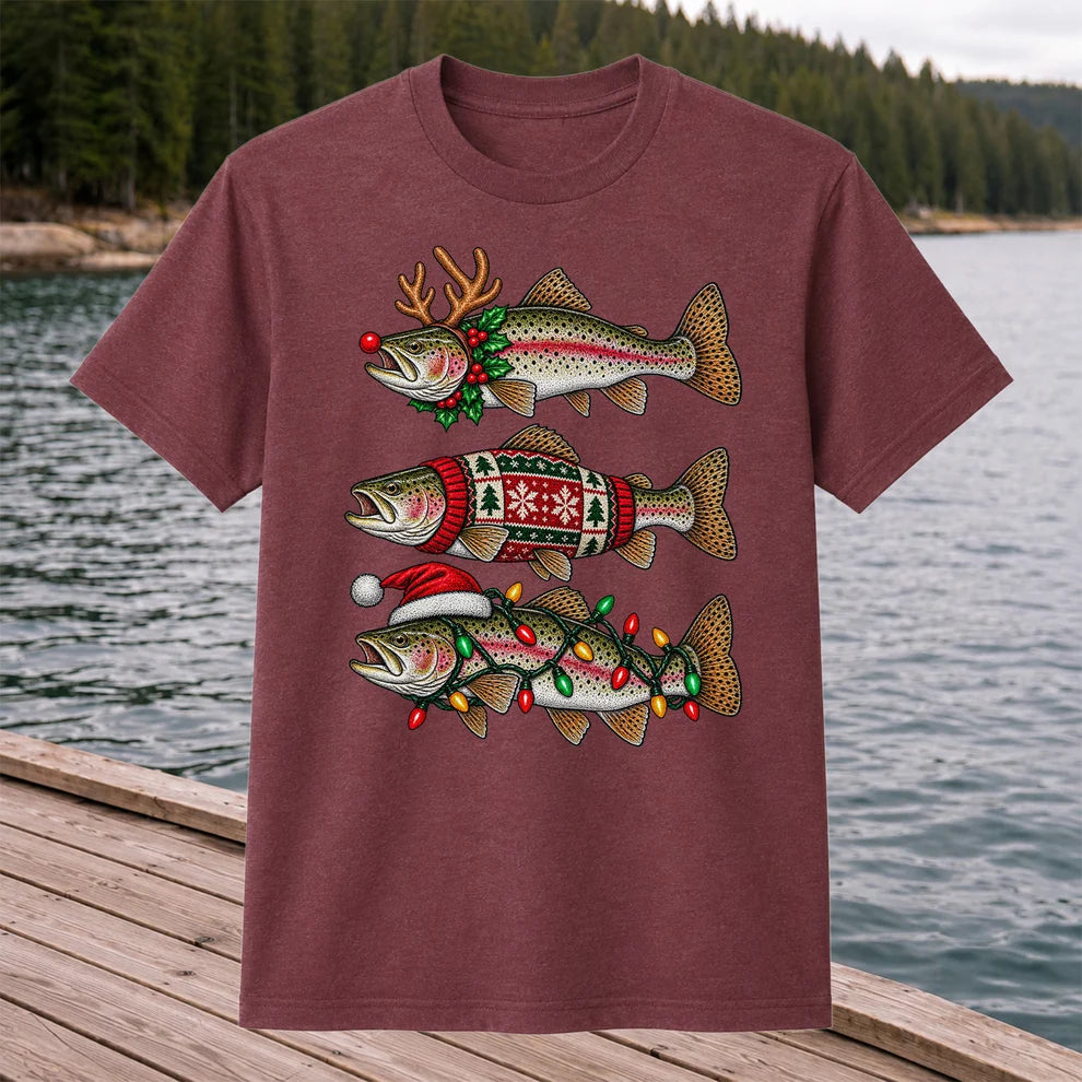 Christmas Trout Antlers Sweater and Lights Fishing T-Shirt