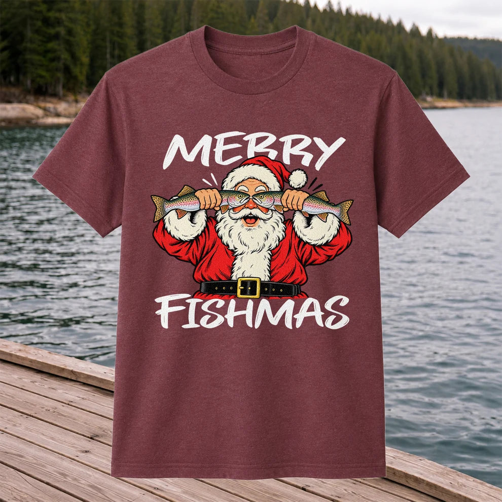 Merry Fishmas Santa Holding Rainbow Trout Christmas Fishing T-Shirt