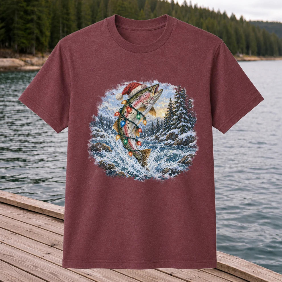 Santa Rainbow Trout with Christmas Lights Fishing T-Shirt