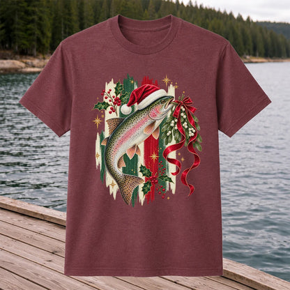 Christmas Santa Hat Rainbow Trout Fishing Graphic T-Shirt