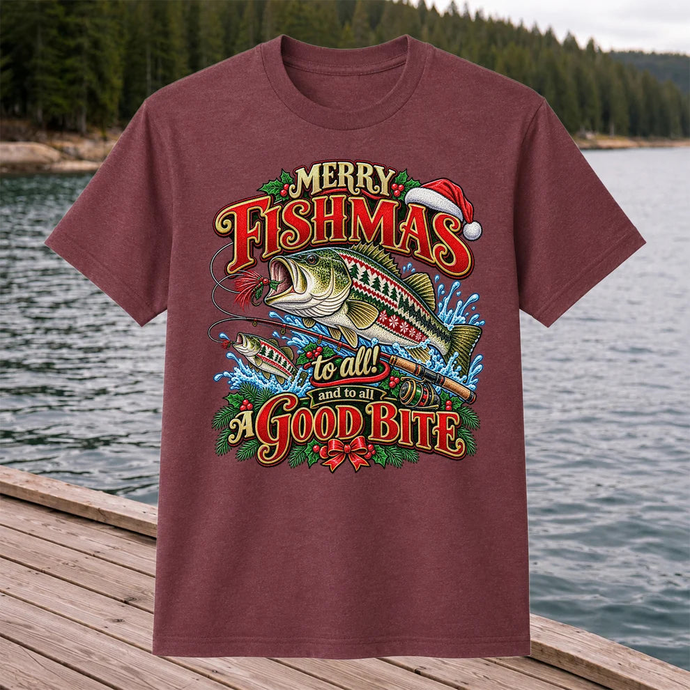 Merry Fishmas Christmas Sweater Pattern Bass Fishing T-Shirt