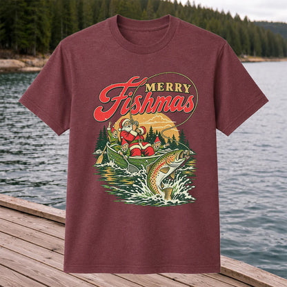 Merry Fishmas Santa and Elves Trout Fishing Christmas T-Shirt