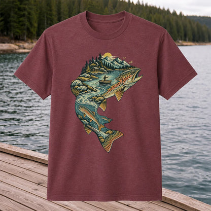 Vintage Brown Trout Mountain River Fly Fishing Graphic T-Shirt