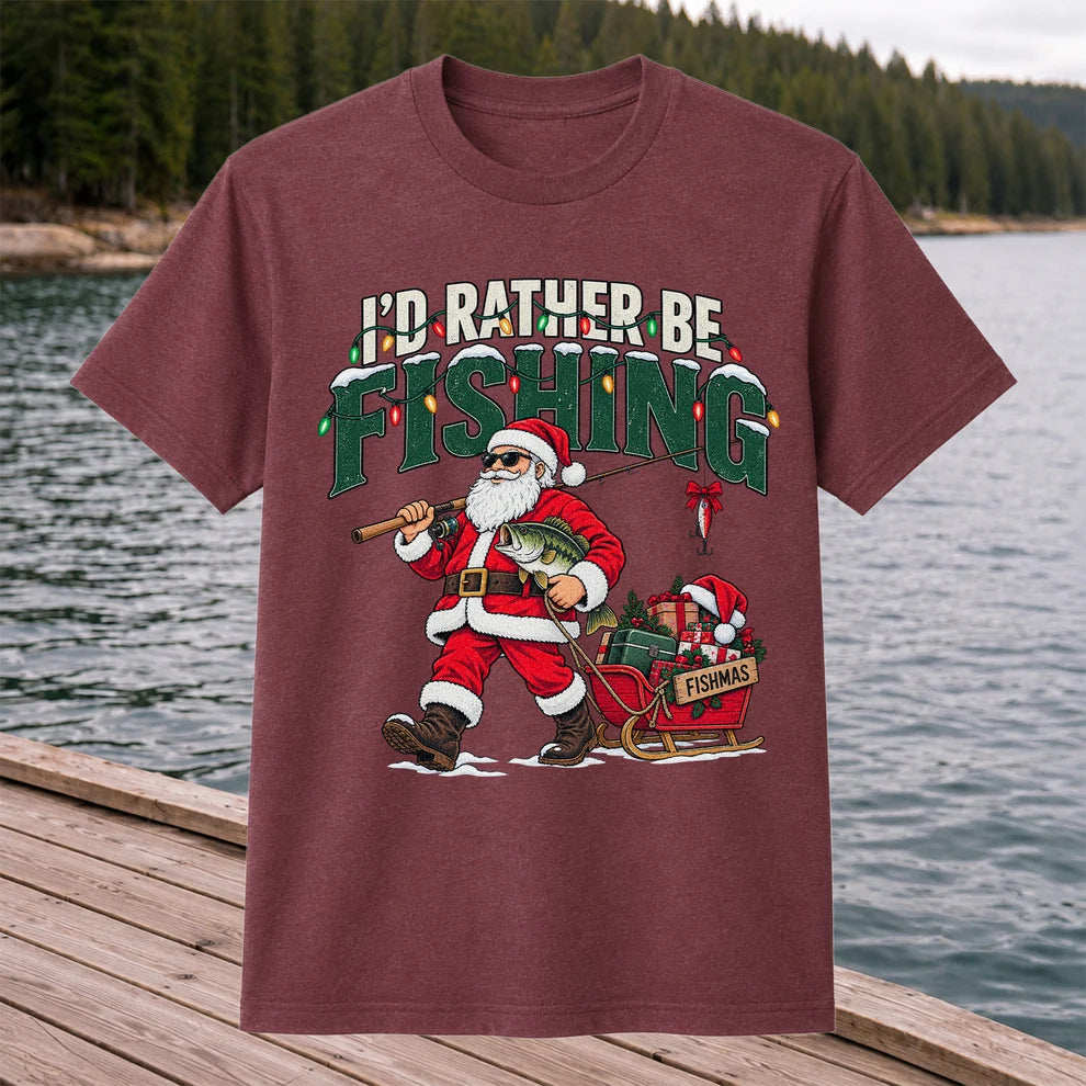 Santa Fishing with Bass Christmas Graphic T-Shirt