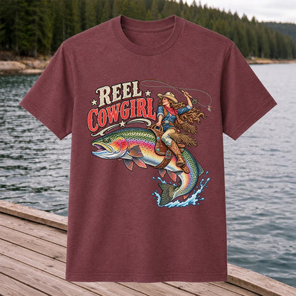 Reel Cowgirl Riding a Rainbow Trout Fly Fishing T-Shirt