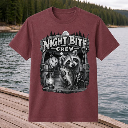 Night Bite Crew Raccoon and Bass Fishing Graphic T-Shirt