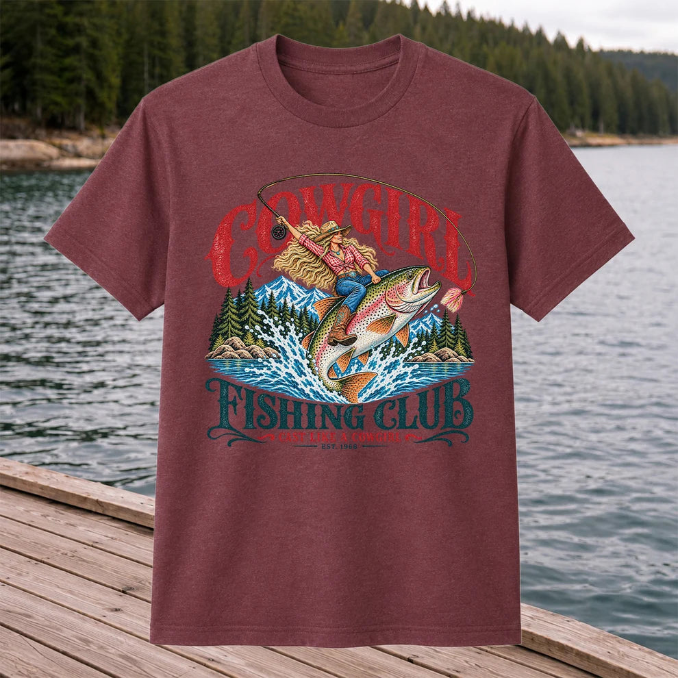 Cowgirl Riding Trout Fishing Club Graphic T-Shirt