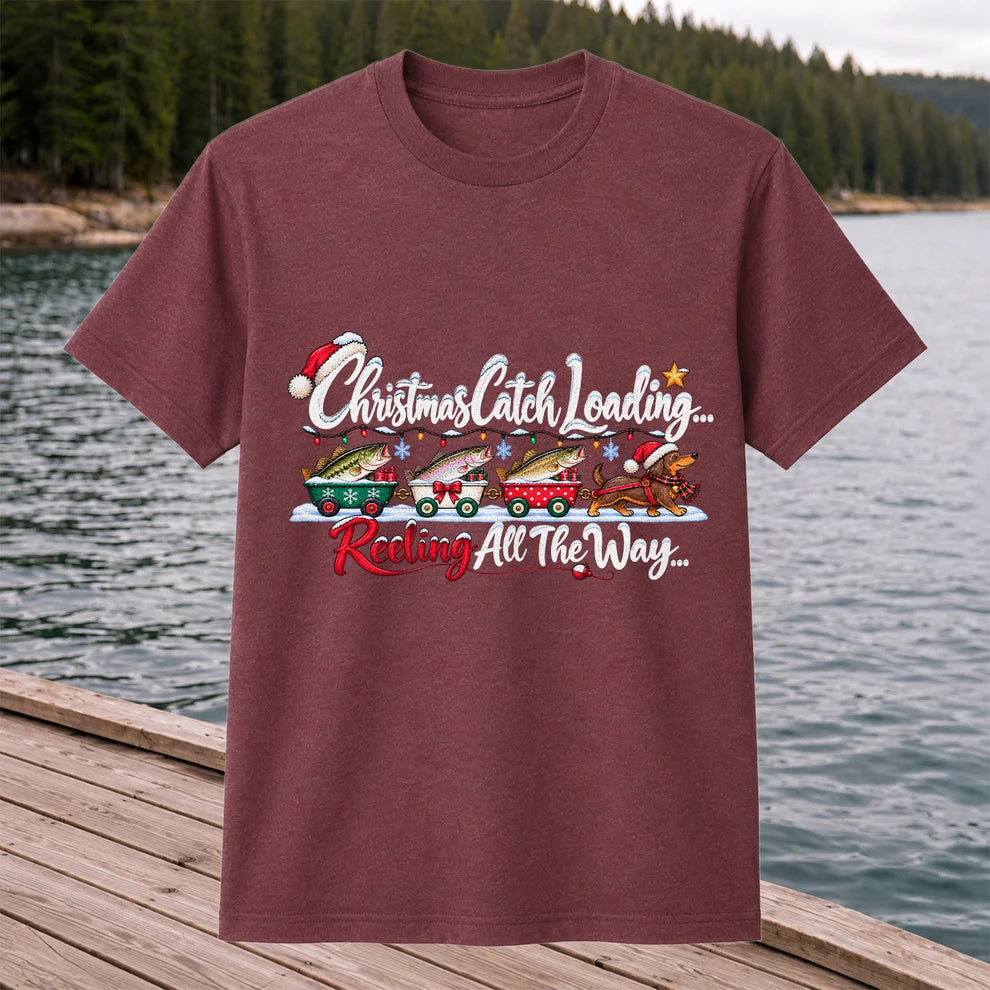 Christmas Fishing Train with Trout and Dog Graphic T-Shirt