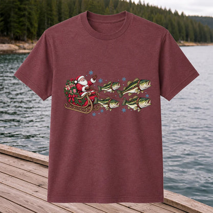 Santa in a Sleigh Pulled by Bass Christmas Fishing Graphic T-Shirt