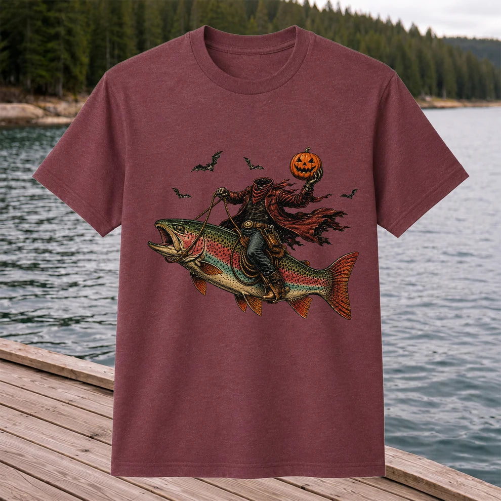 Halloween Cowboy Trout Fishing T-Shirt Pumpkin Fishing Tee