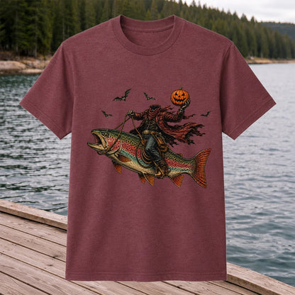 Halloween Cowboy Trout Fishing T-Shirt Pumpkin Fishing Tee