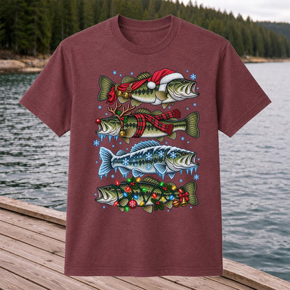 Christmas Bass with Santa Hat and Holiday Lights Fishing T-Shirt