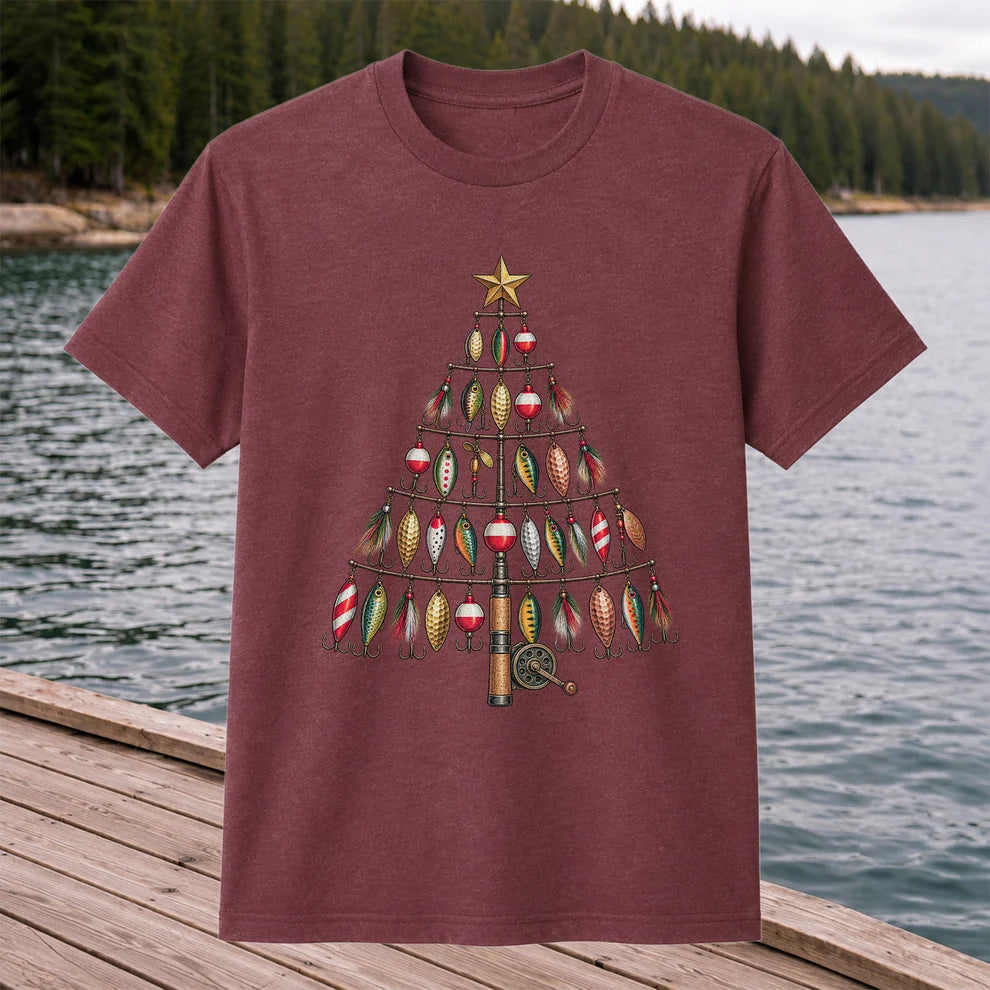 Fishing Lure Christmas Tree with Rod and Reel Graphic T-Shirt