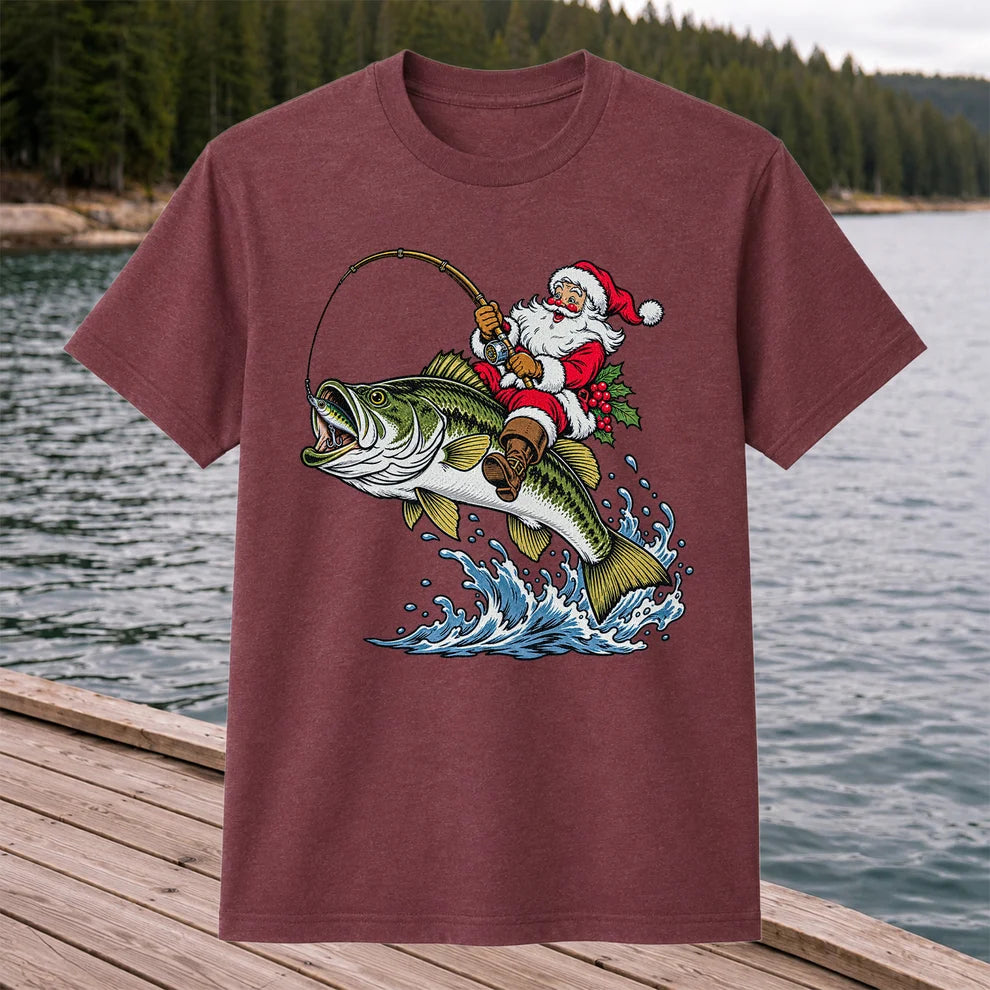 Santa Claus Riding a Bass Christmas Fishing Graphic T-Shirt