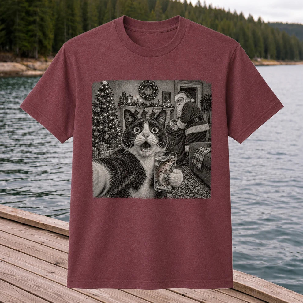 Christmas Cat Holding a Fish Mug Holiday Graphic T-Shirt