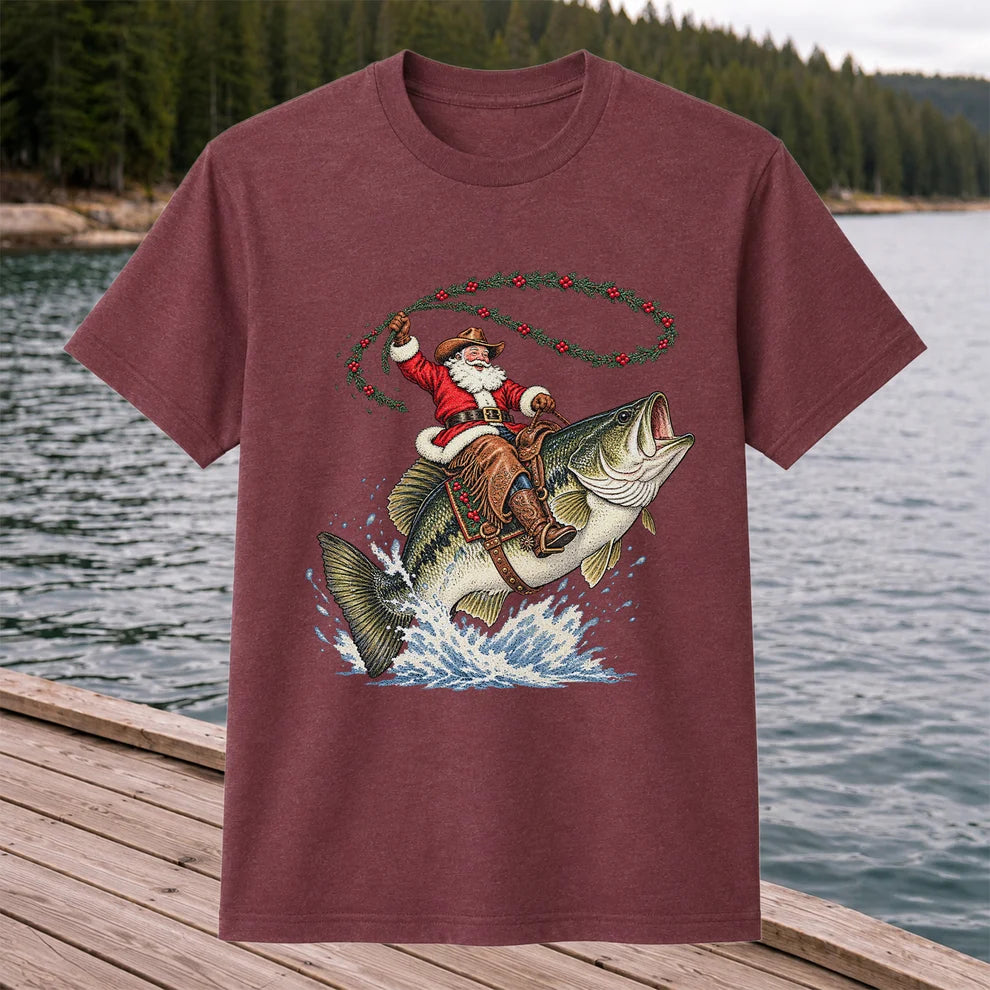 Cowboy Santa Riding a Jumping Bass Christmas Fishing Graphic T-Shirt