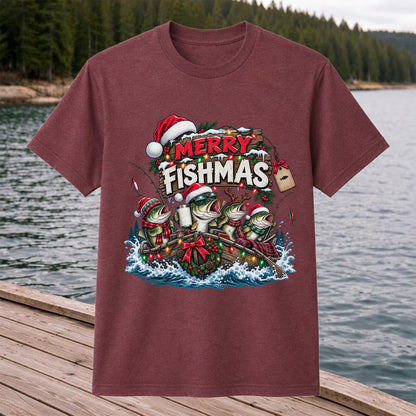 Merry Fishmas Christmas Bass in a Fishing Boat Graphic T-Shirt
