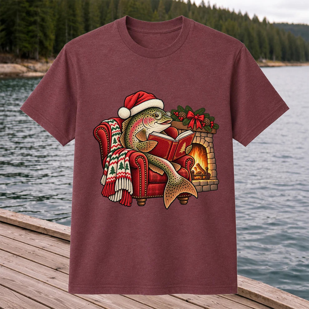 Christmas Trout Reading by the Fireplace Fishing T-Shirt