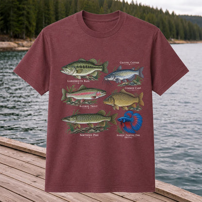 Bass Trout Catfish Carp Pike and Betta Freshwater Fish Graphic T-Shirt