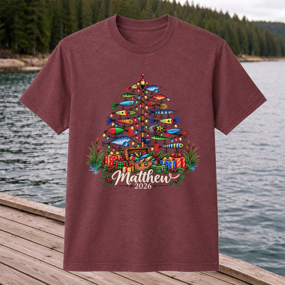 Personalized Christmas Fishing Lure Tree Name Graphic T-Shirt