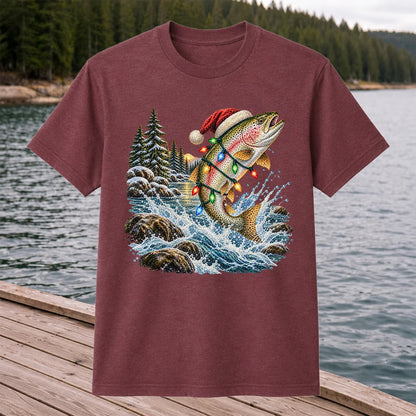 Santa Hat Rainbow Trout Christmas Fishing Graphic T-Shirt