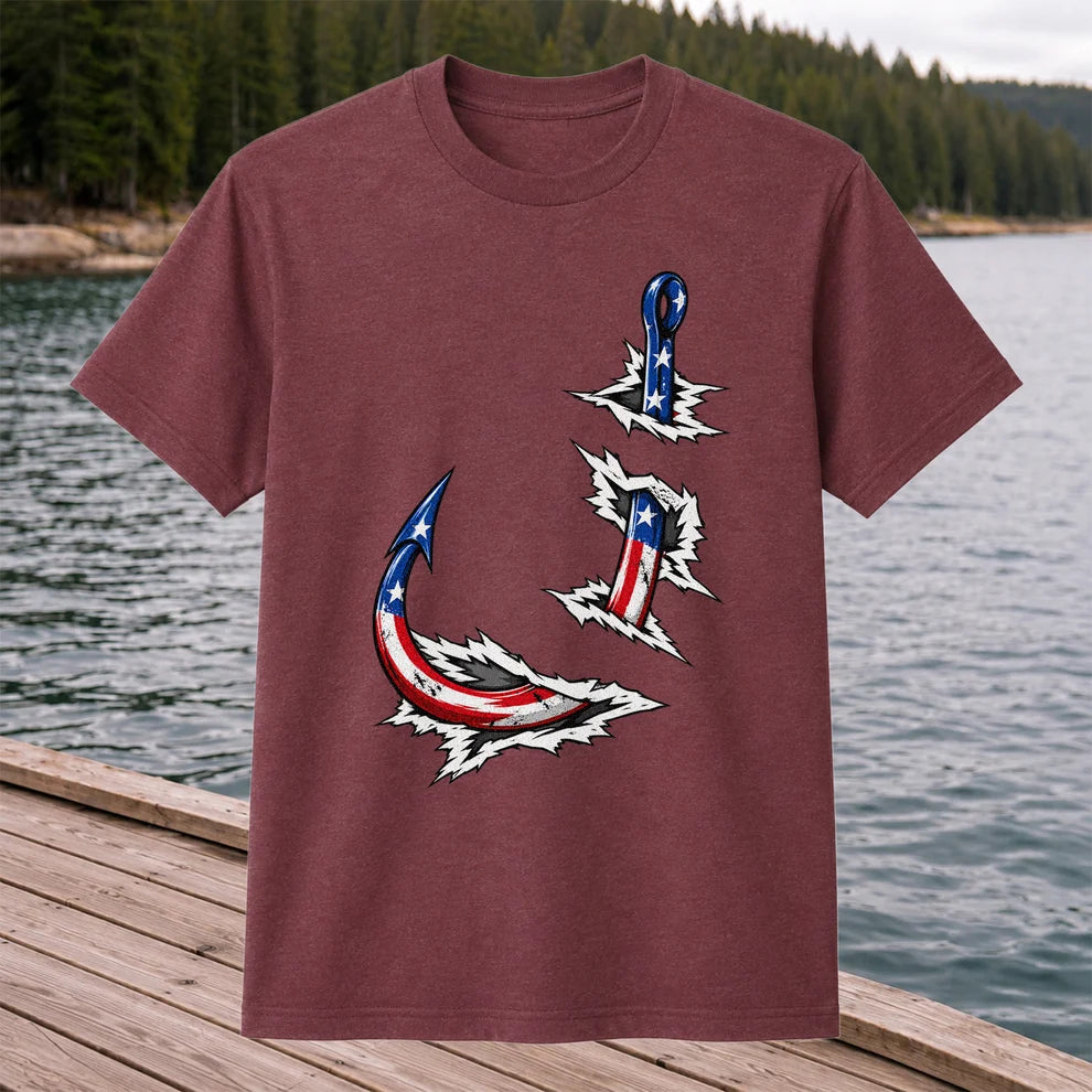Patriotic American Flag Fishing Hooks Graphic T-Shirt