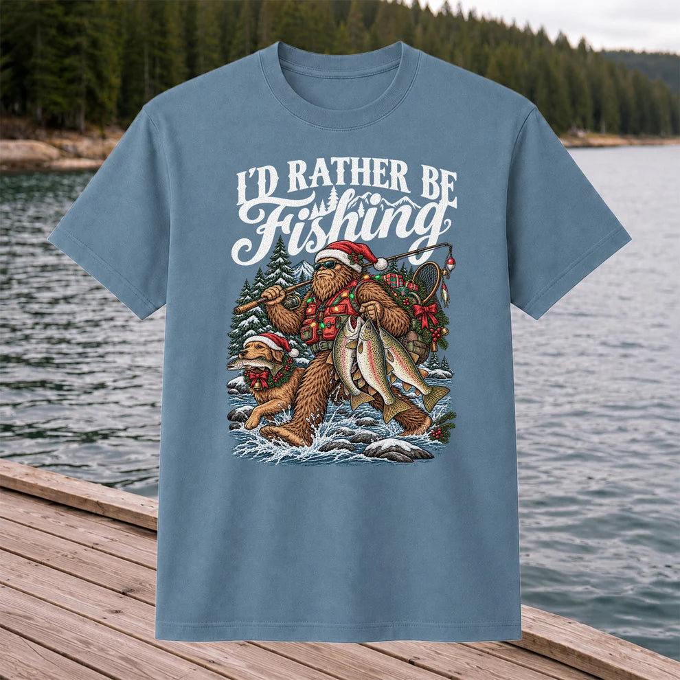I'd Rather Be Fishing Bigfoot and Dog Christmas Fishing T-Shirt