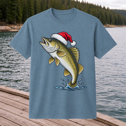 Santa Hat Walleye Christmas Fishing Graphic T-Shirt