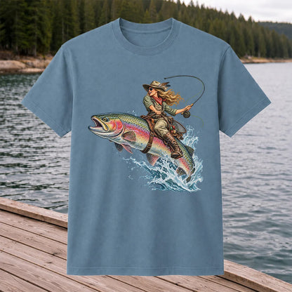 Cowgirl Riding a Rainbow Trout Fly Fishing Graphic T-Shirt