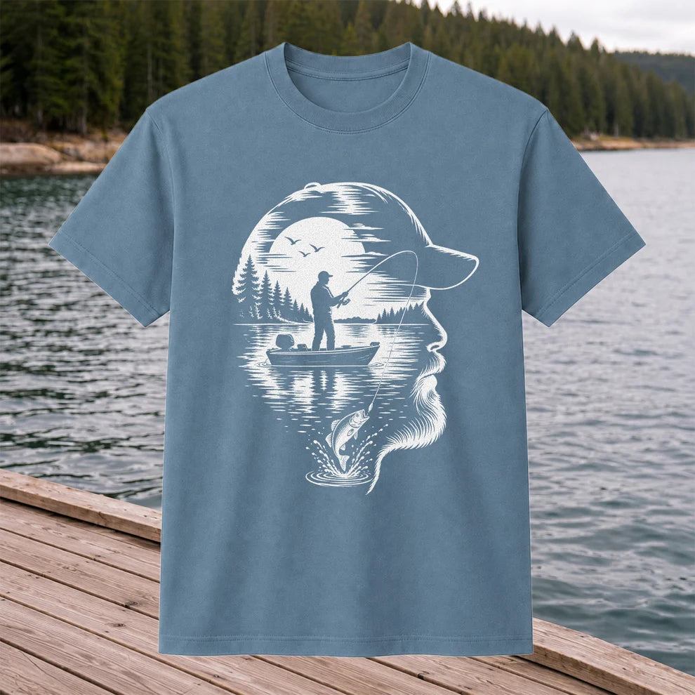 Bearded Angler Silhouette with Lake Fishing Scene Graphic T-Shirt