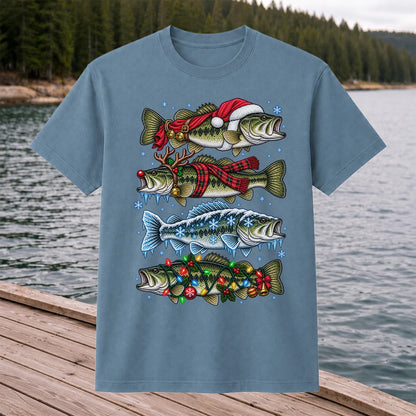 Christmas Bass with Santa Hat and Holiday Lights Fishing T-Shirt