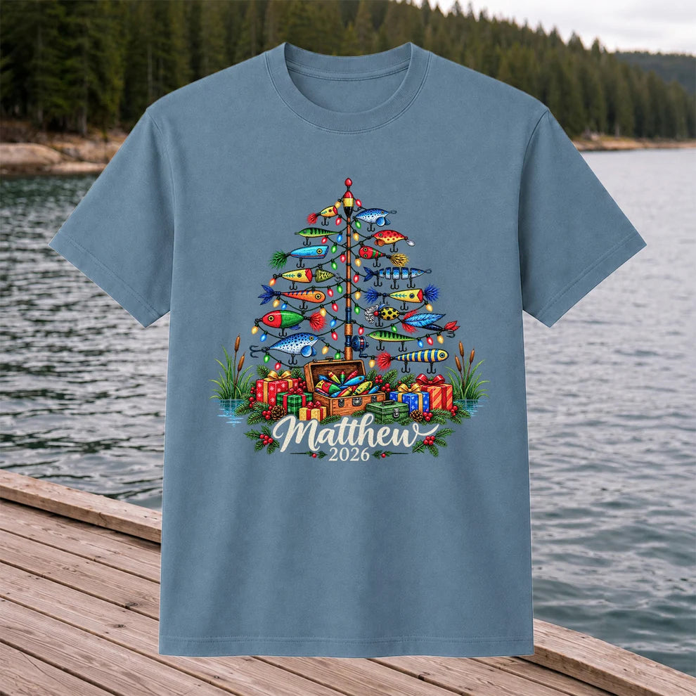 Personalized Christmas Fishing Lure Tree Name Graphic T-Shirt