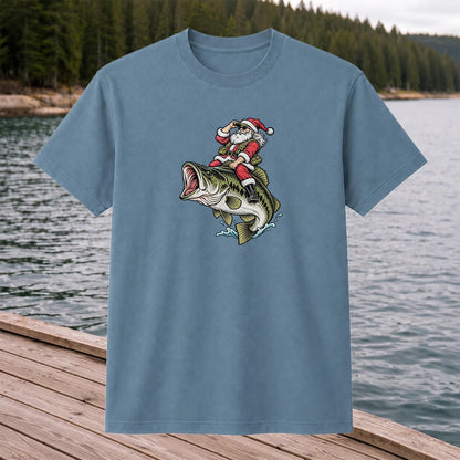 Santa Riding Largemouth Bass Christmas Fishing Graphic T-Shirt