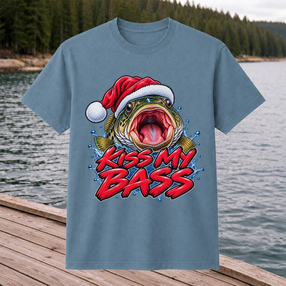 Kiss My Bass Santa Hat Funny Christmas Fishing T-Shirt