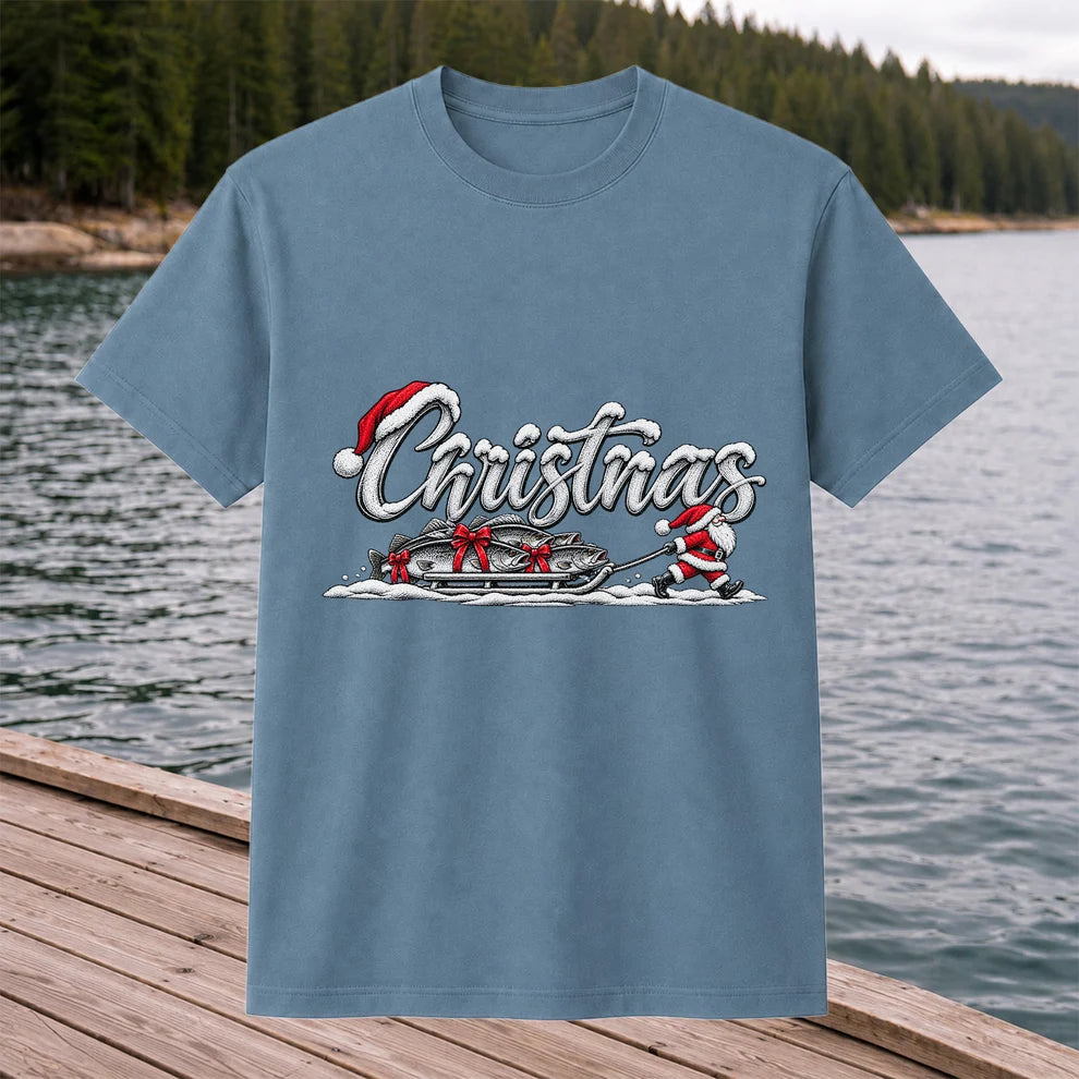 Christmas Santa Pulling Trout Fishing Sled Graphic T-Shirt