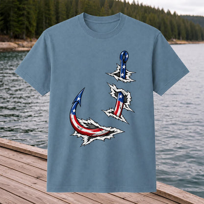 Patriotic American Flag Fishing Hooks Graphic T-Shirt