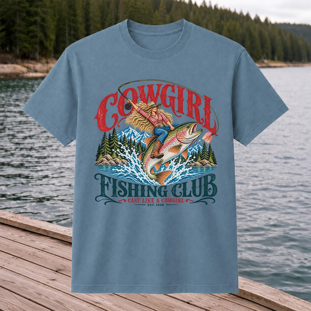 Cowgirl Riding Trout Fishing Club Graphic T-Shirt