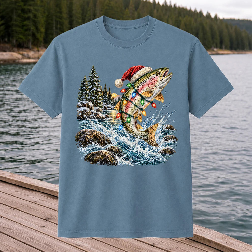 Santa Hat Rainbow Trout Christmas Fishing Graphic T-Shirt