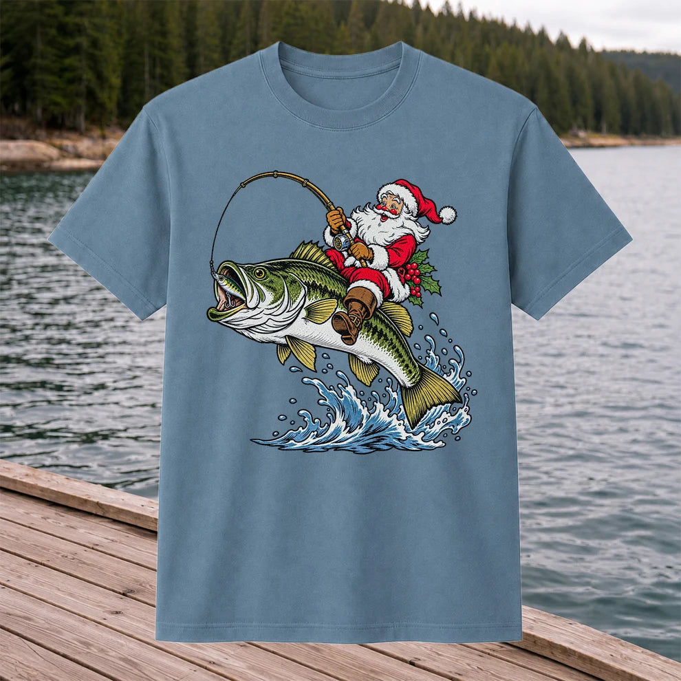 Santa Claus Riding a Bass Christmas Fishing Graphic T-Shirt